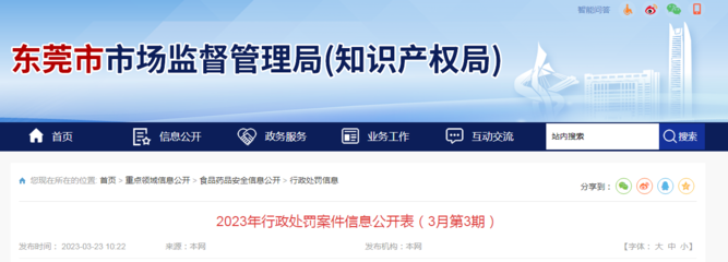 广东省东莞市市场监管局公开2023年行政处罚案件信息(3月第3期)